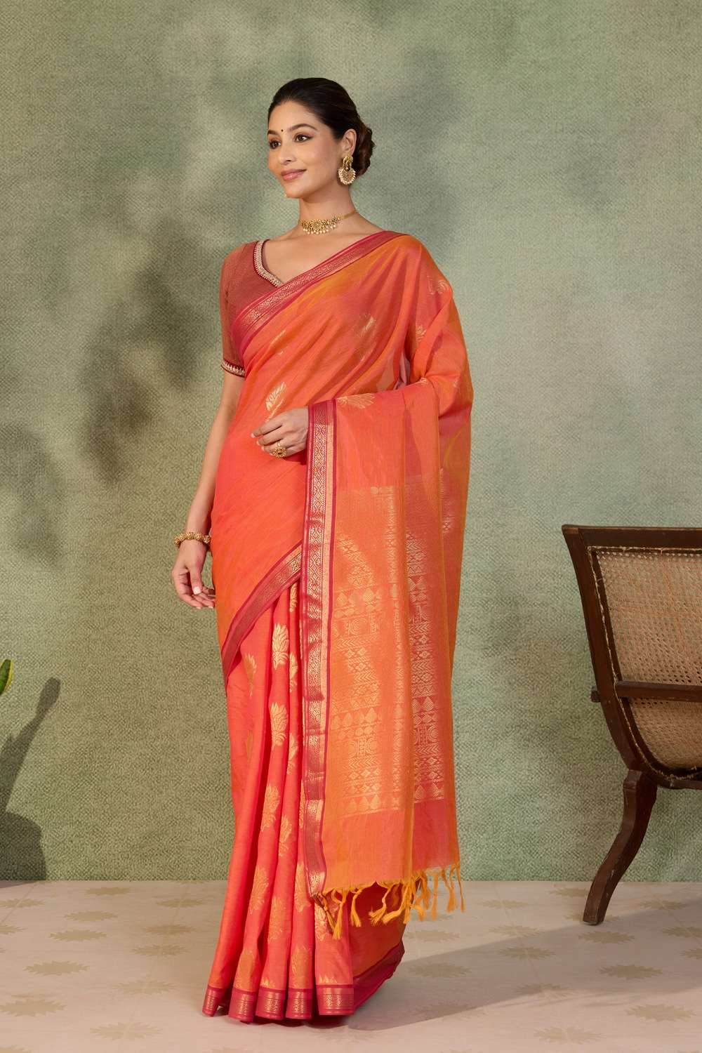 Orange Woven Cotton Viscose Saree image number null