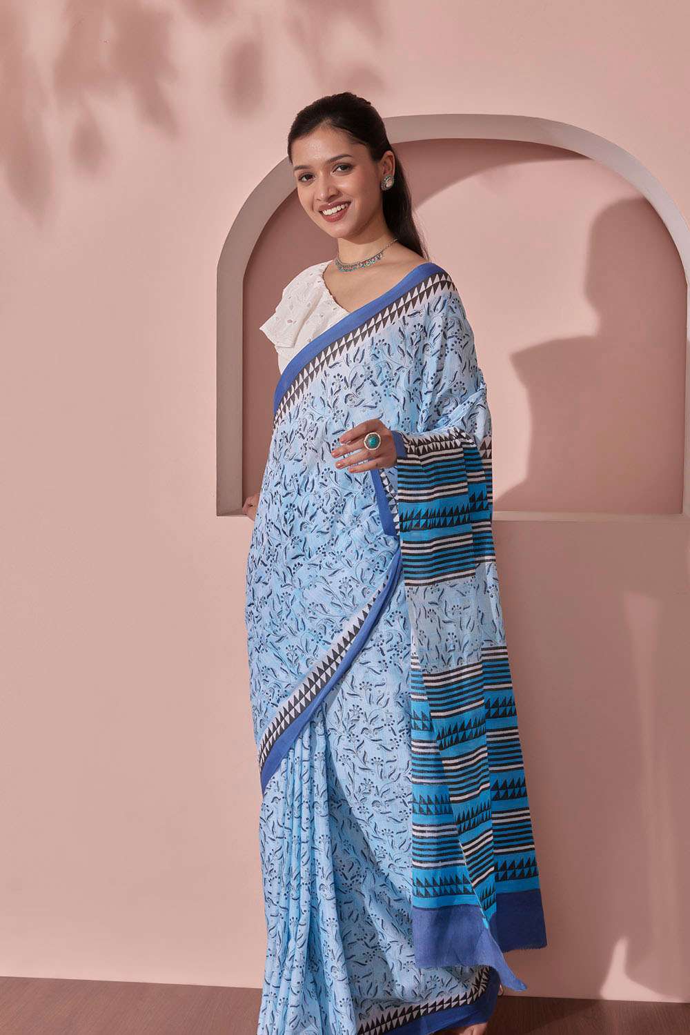 Light Blue Pure Cotton Block Printed Bengal Saree image number null