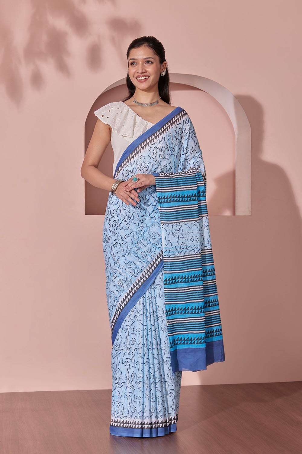 Light Blue Pure Cotton Block Printed Bengal Saree image number null