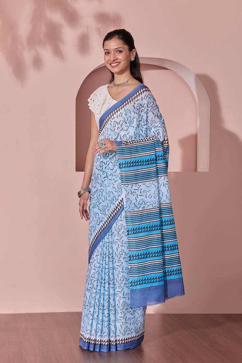 Light Blue Pure Cotton Block Printed Bengal Saree image number null