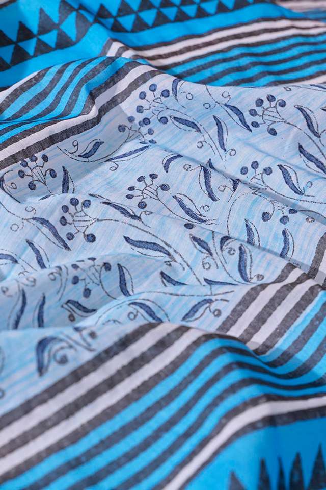 Light Blue Pure Cotton Block Printed Bengal Saree thumbnail image number null