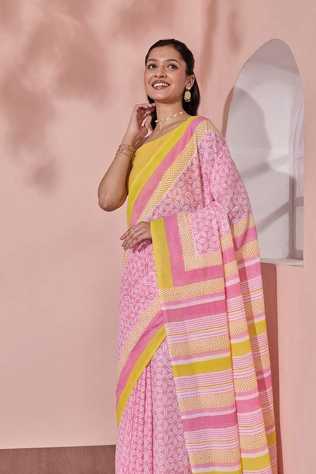 Light Pink Pure Cotton Block Printed Bengal Saree image number