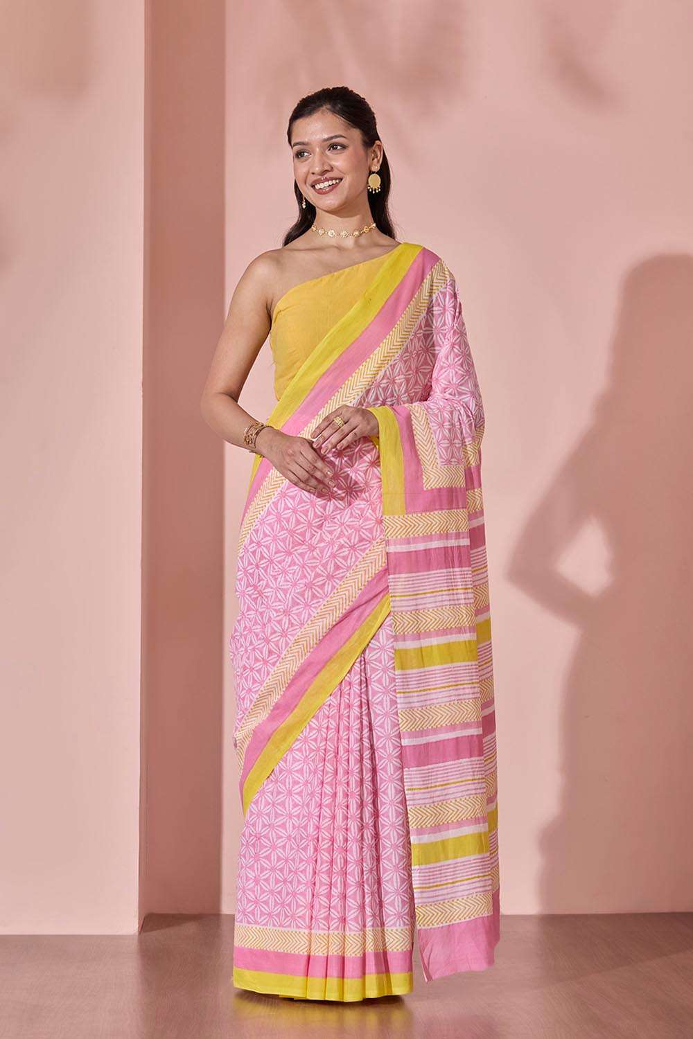 Light Pink Pure Cotton Block Printed Bengal Saree image number null