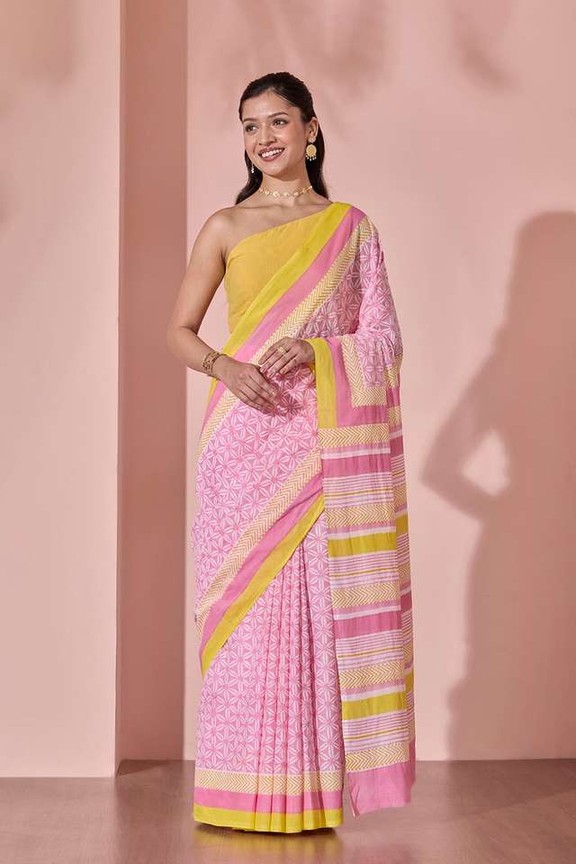 Light Pink Pure Cotton Block Printed Bengal Saree thumbnail image number null