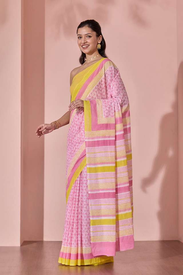 Light Pink Pure Cotton Block Printed Bengal Saree thumbnail image number null