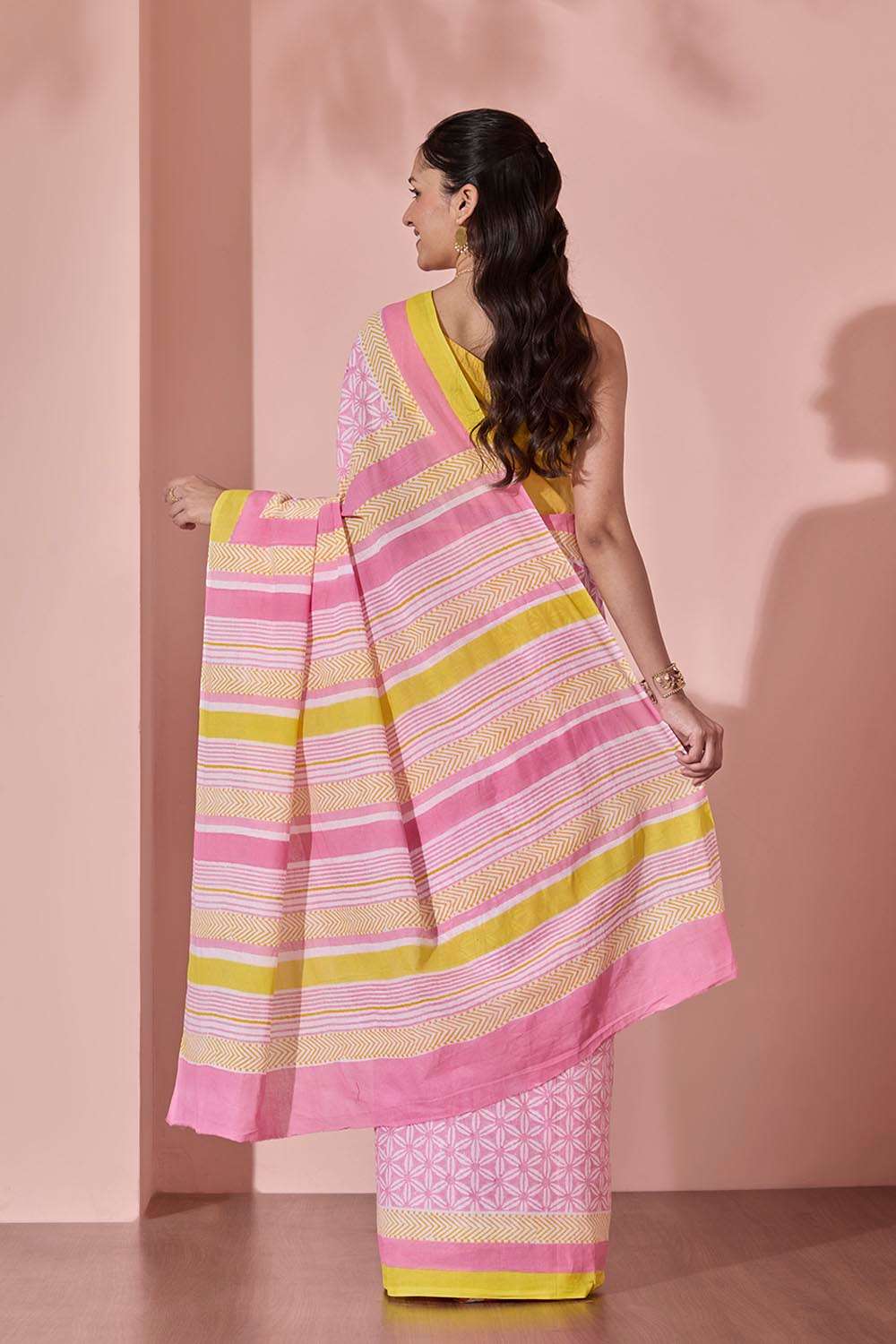 Light Pink Pure Cotton Block Printed Bengal Saree image number null