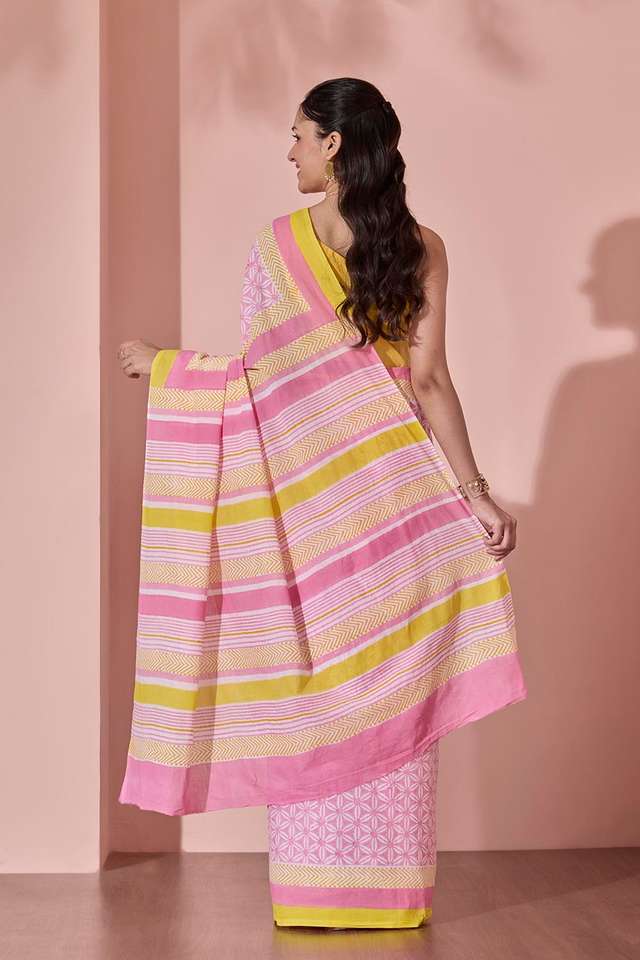 Light Pink Pure Cotton Block Printed Bengal Saree thumbnail image number null