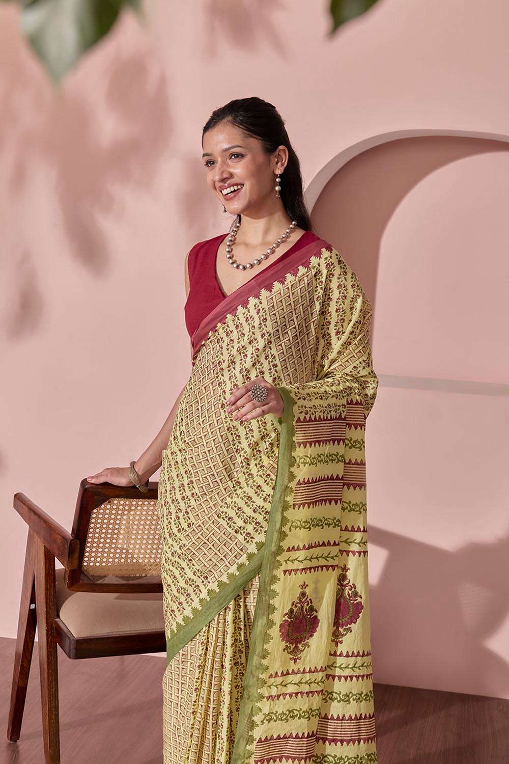 Yellow Pure Cotton Block Printed Bengal Saree image number null