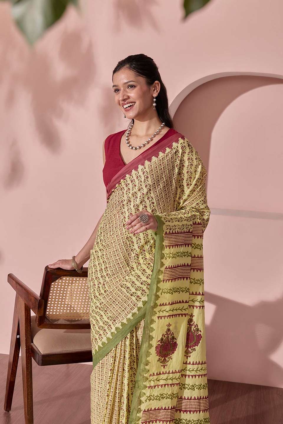 Yellow Pure Cotton Block Printed Bengal Saree