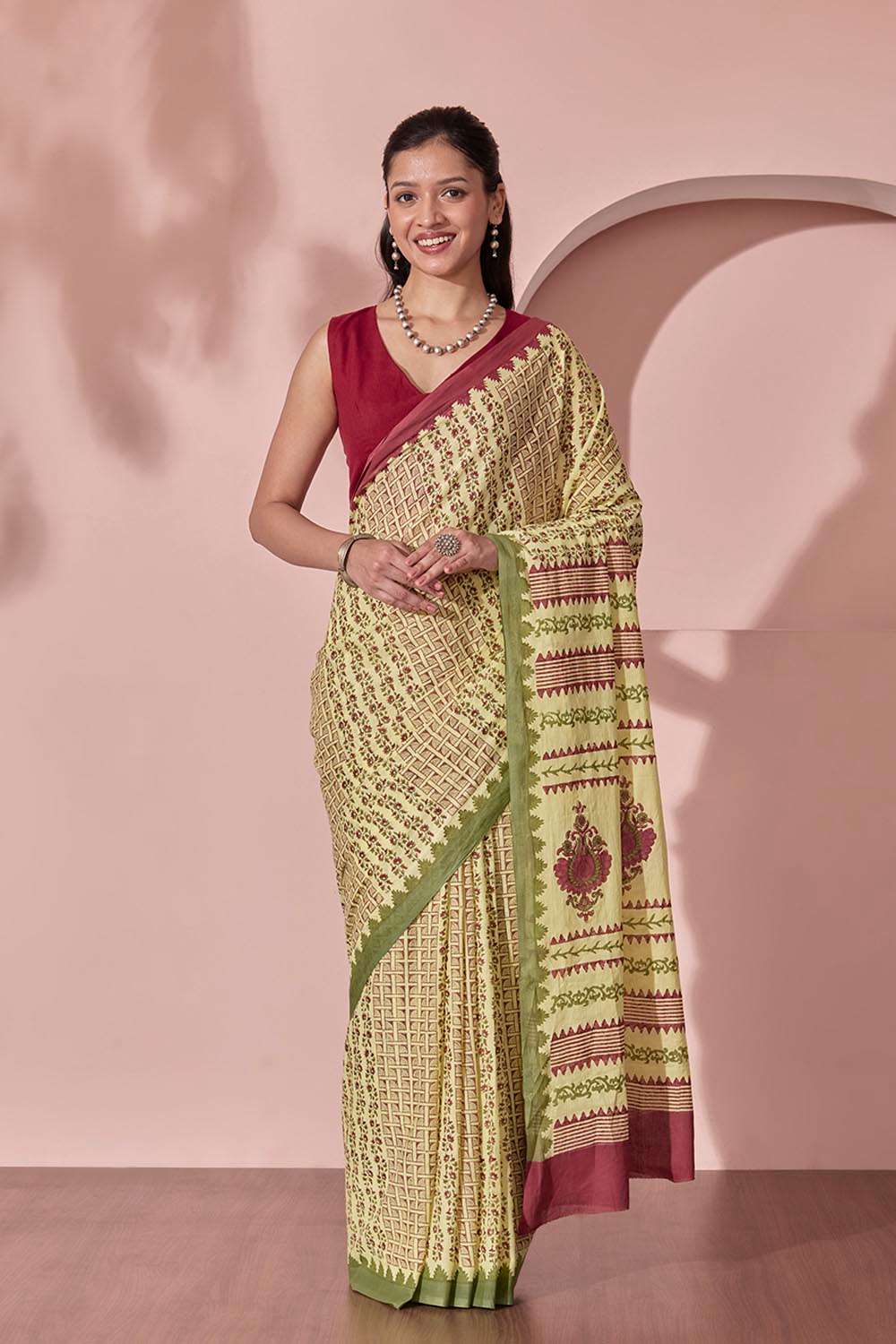 Yellow Pure Cotton Block Printed Bengal Saree image number null