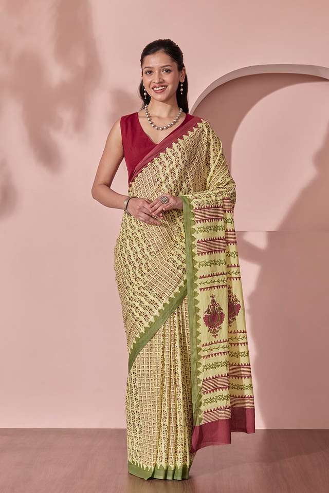 Yellow Pure Cotton Block Printed Bengal Saree thumbnail image number null