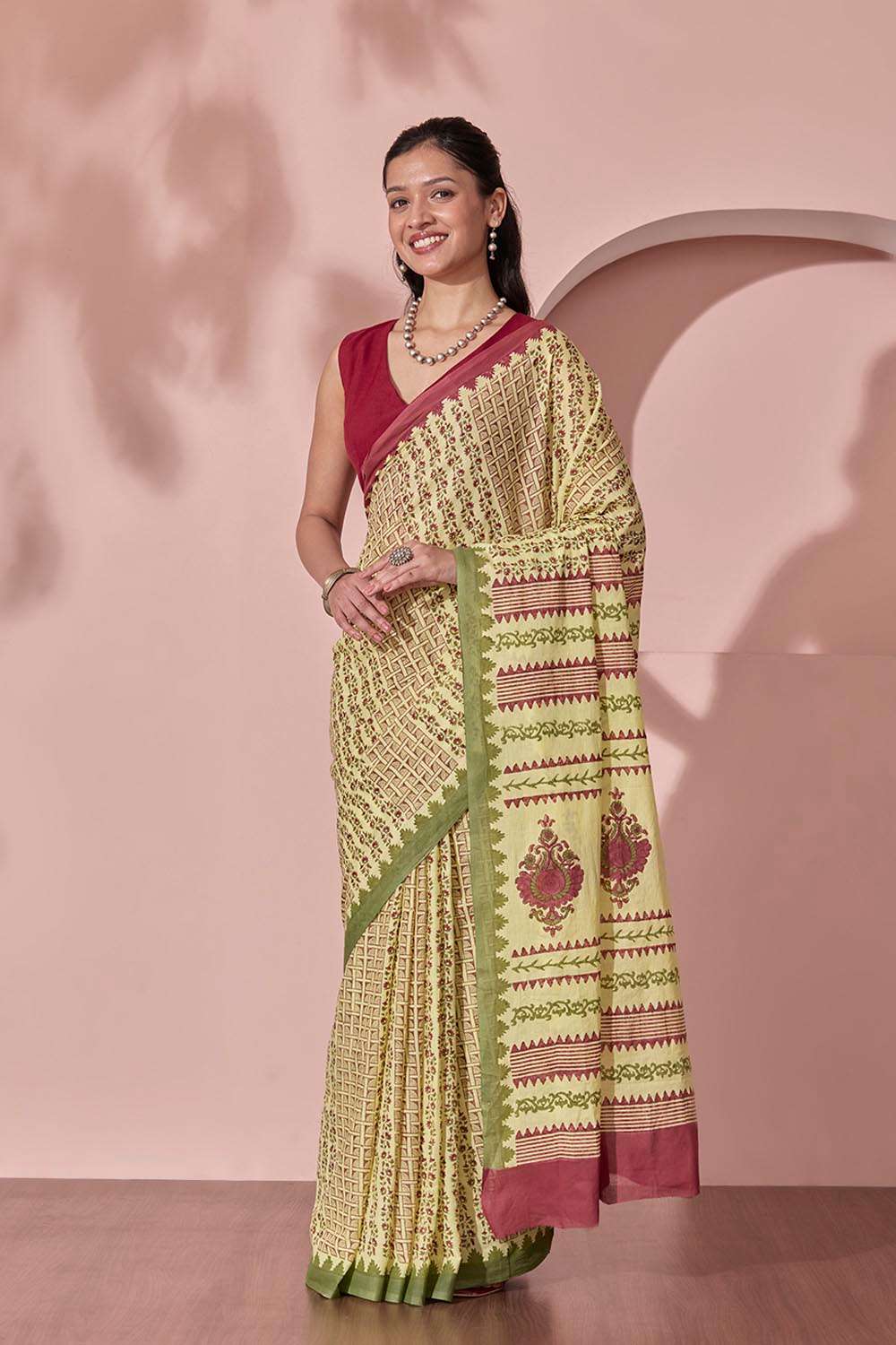 Yellow Pure Cotton Block Printed Bengal Saree image number null