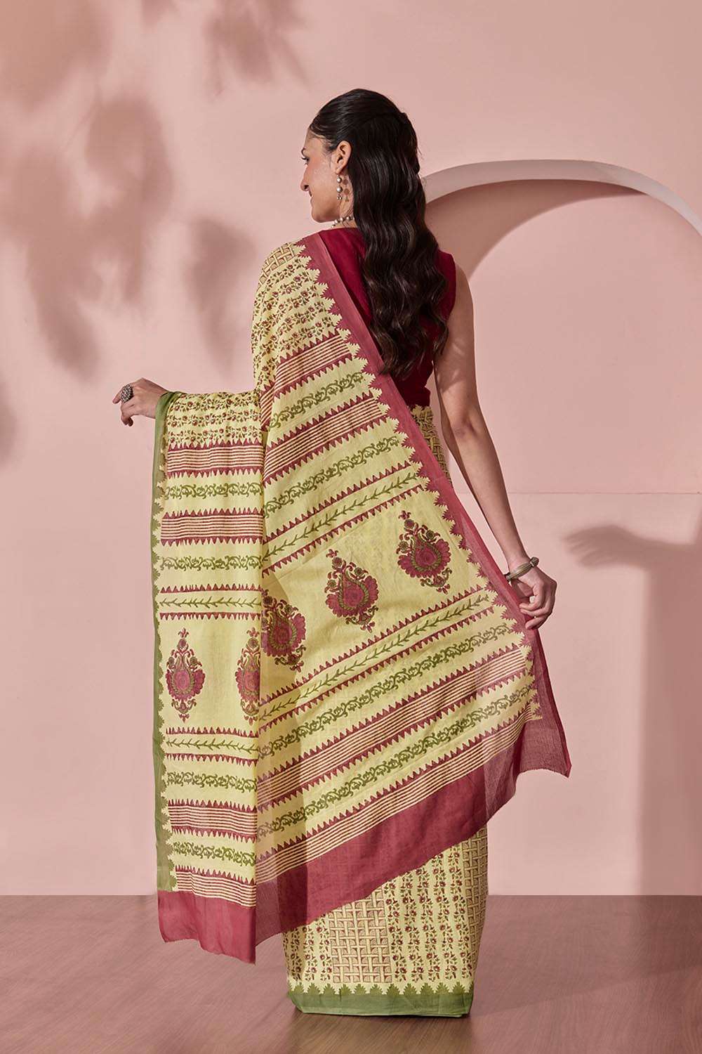 Yellow Pure Cotton Block Printed Bengal Saree image number null