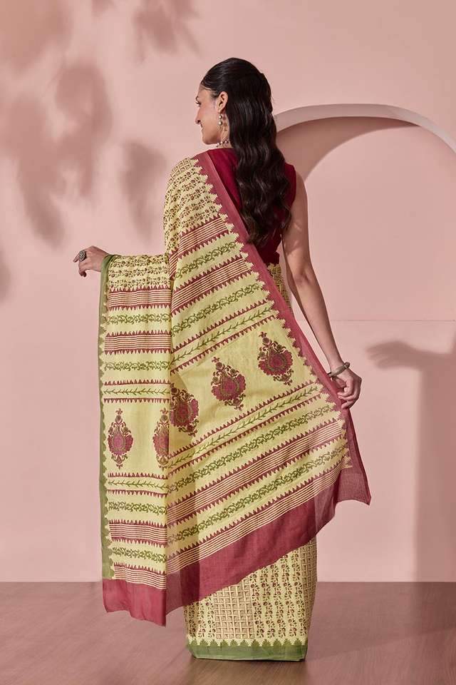 Yellow Pure Cotton Block Printed Bengal Saree thumbnail image number null