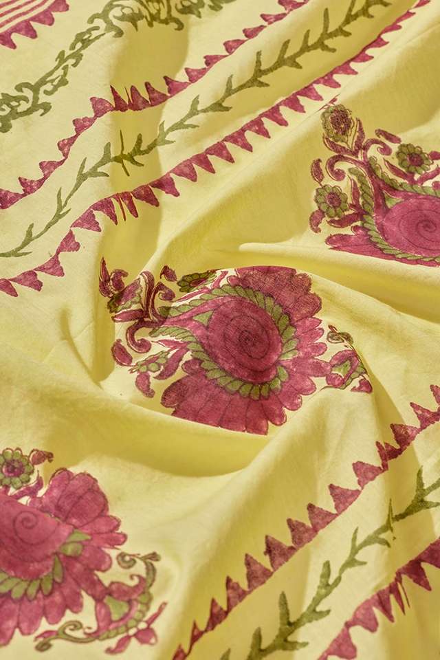 Yellow Pure Cotton Block Printed Bengal Saree thumbnail image number null