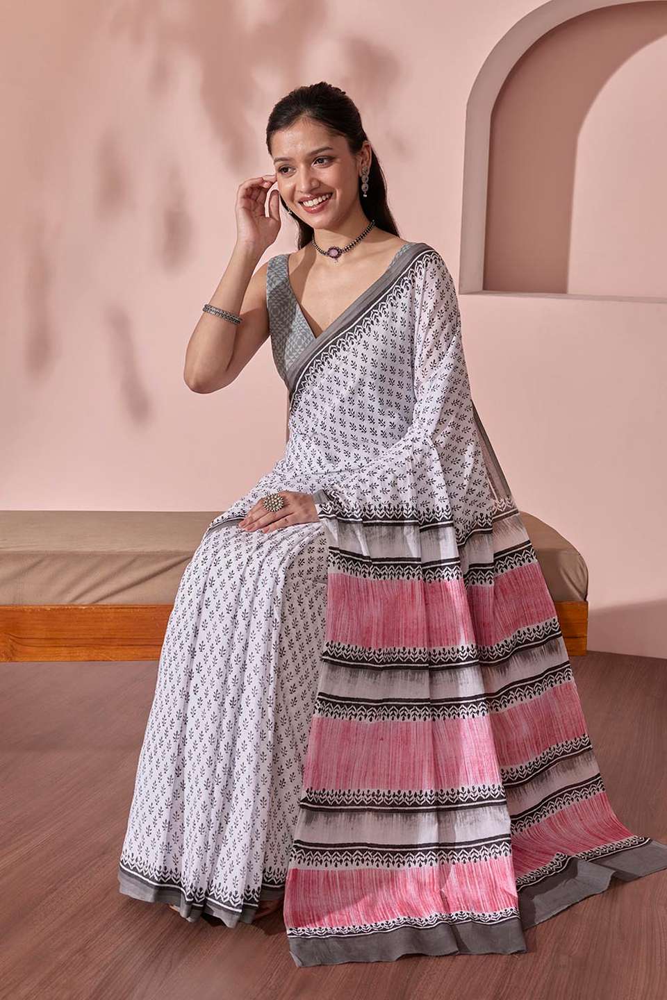 Off White Pure Cotton Block Printed Bengal Saree