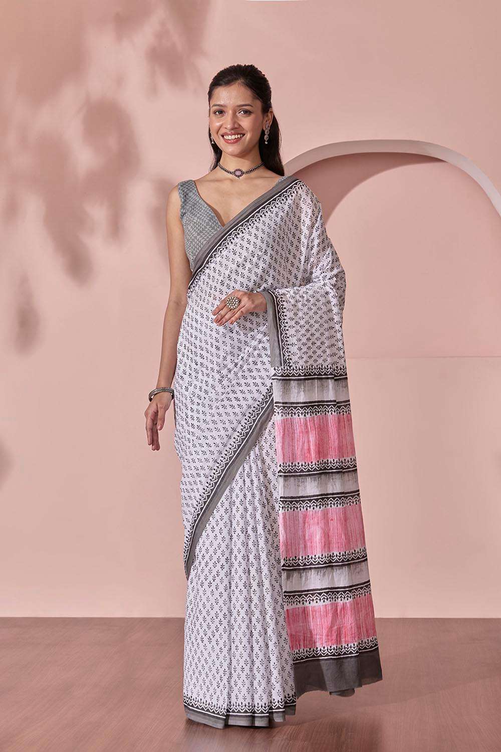 Off White Pure Cotton Block Printed Bengal Saree image number null