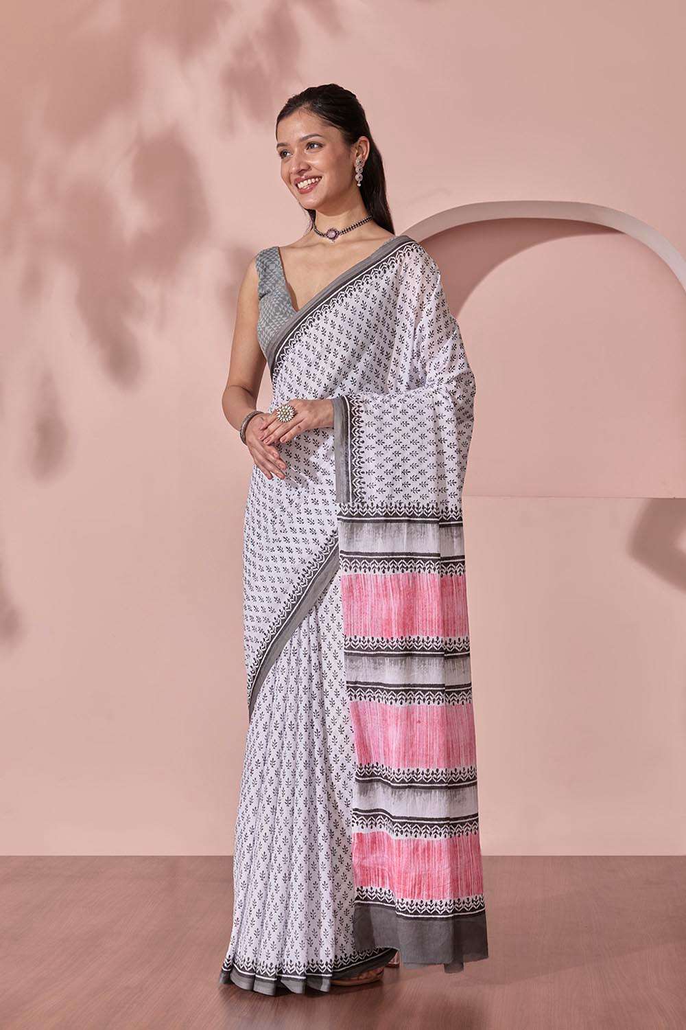 Off White Pure Cotton Block Printed Bengal Saree image number null