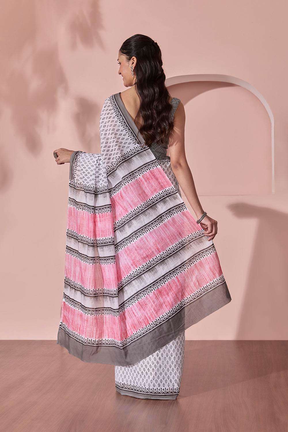 Off White Pure Cotton Block Printed Bengal Saree image number null