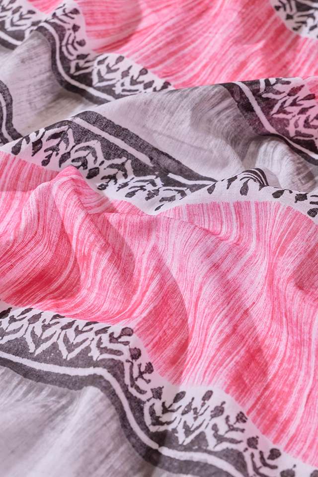 Off White Pure Cotton Block Printed Bengal Saree thumbnail image number null