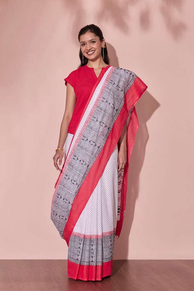 Off White Pure Cotton Block Printed Bengal Saree thumbnail image number null