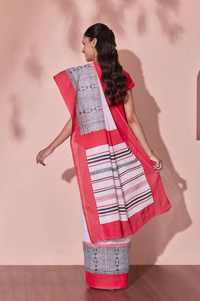 Off White Pure Cotton Block Printed Bengal Saree thumbnail image number null
