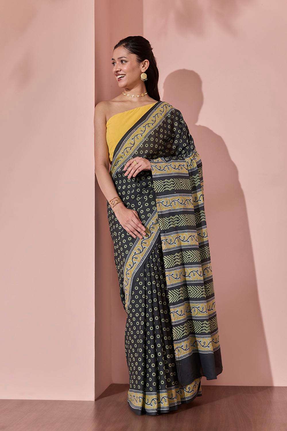 Black Pure Cotton Block Printed Bengal Saree image number null