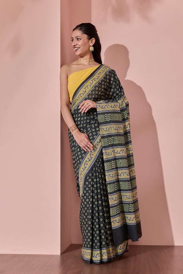 Black Pure Cotton Block Printed Bengal Saree thumbnail image number null