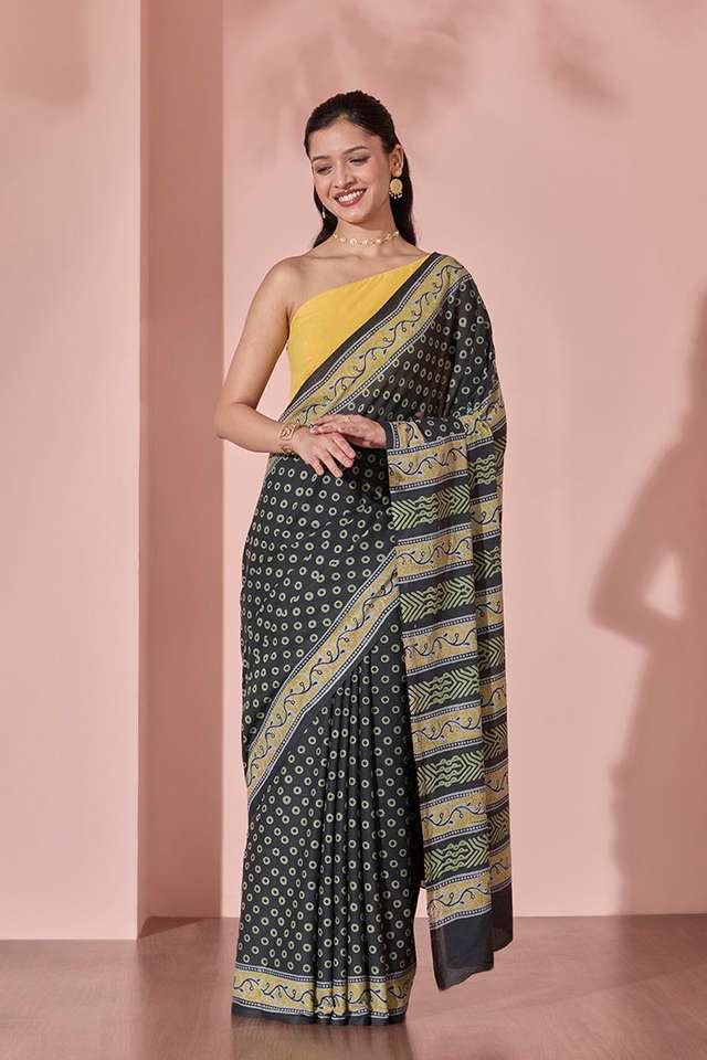 Black Pure Cotton Block Printed Bengal Saree thumbnail image number null