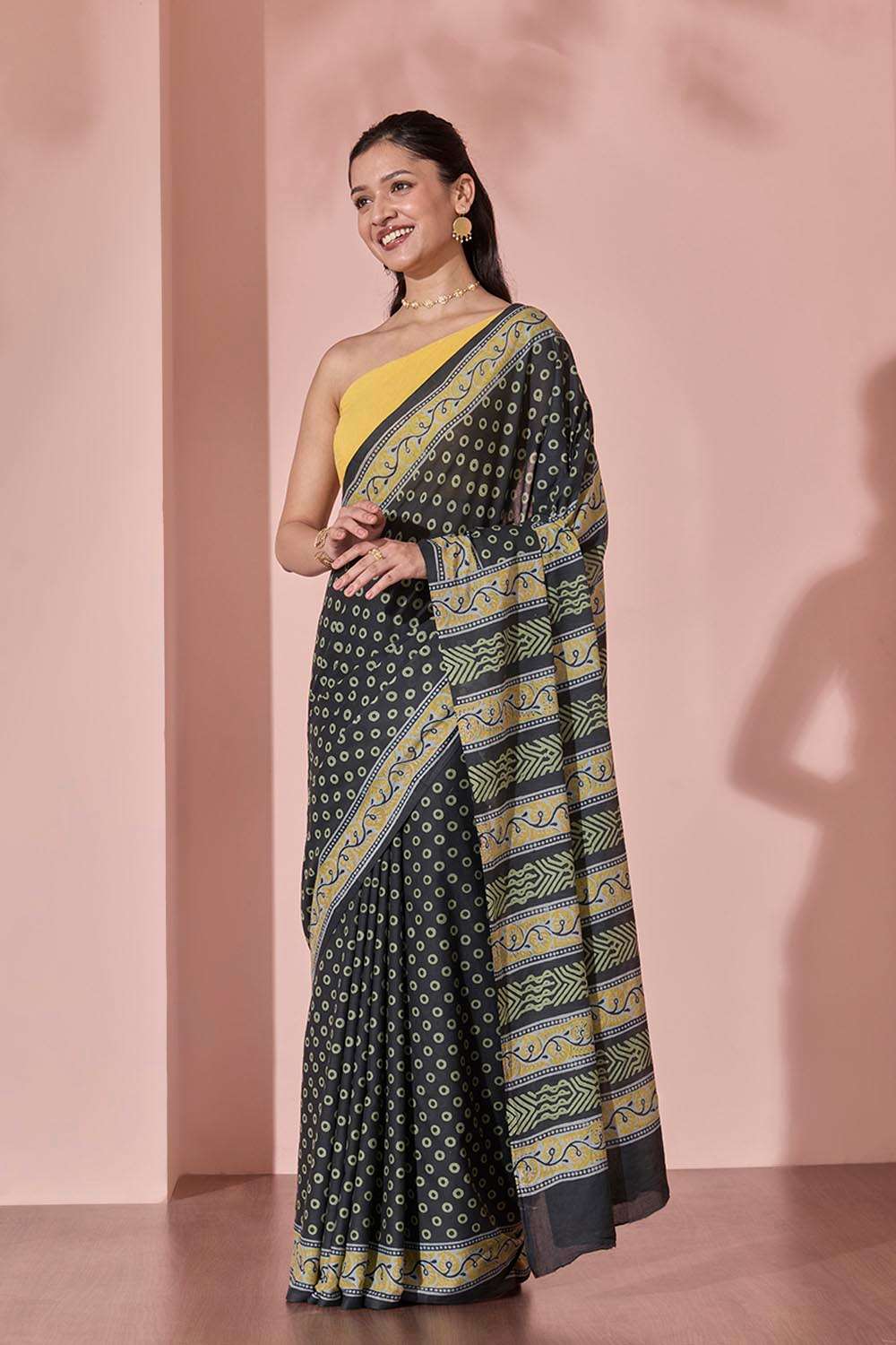 Black Pure Cotton Block Printed Bengal Saree image number null
