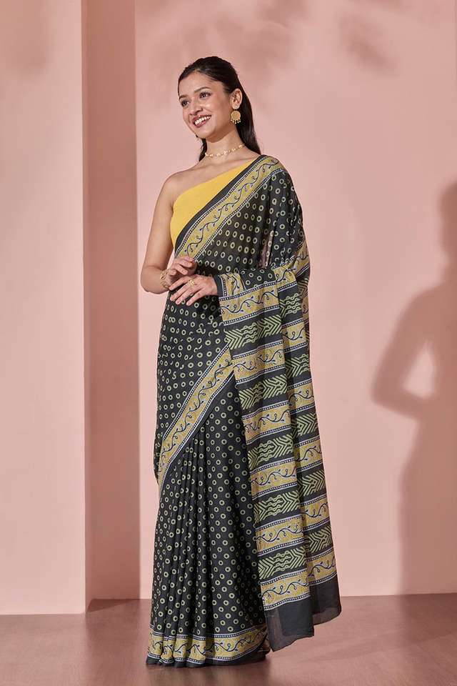 Black Pure Cotton Block Printed Bengal Saree thumbnail image number null