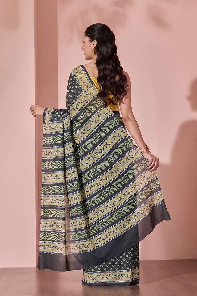 Black Pure Cotton Block Printed Bengal Saree thumbnail image number null