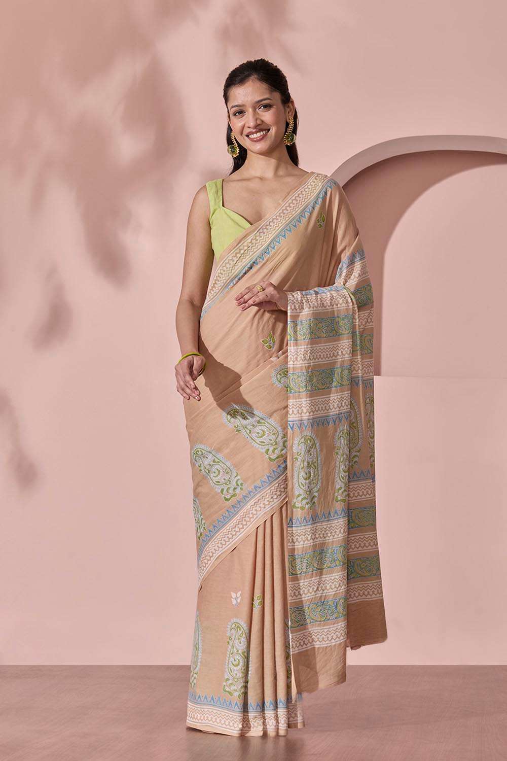 Beige Pure Cotton Block Printed Bengal Saree image number null