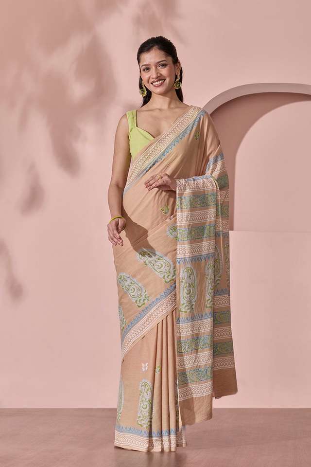 Beige Pure Cotton Block Printed Bengal Saree thumbnail image number null