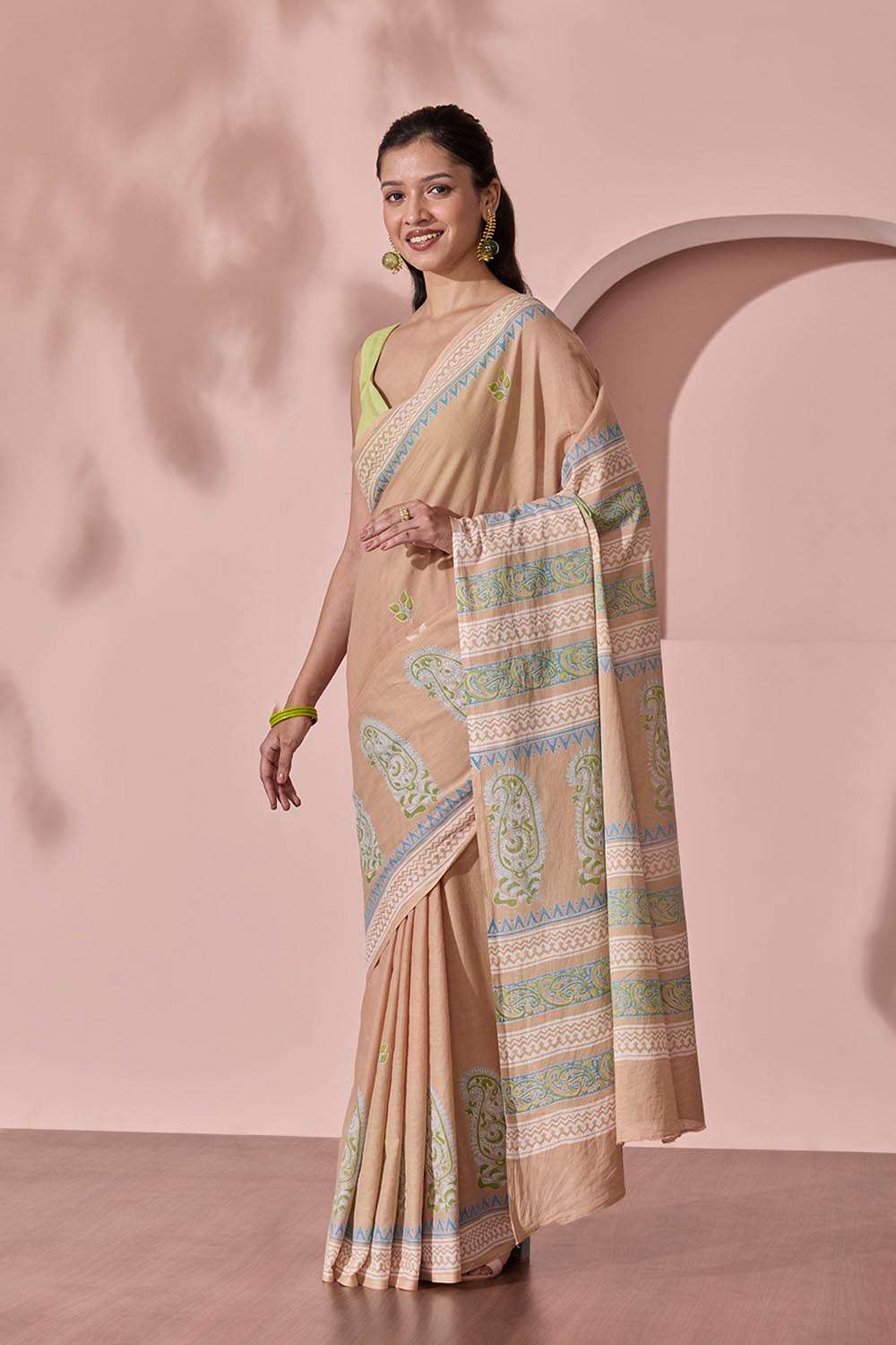 Beige Pure Cotton Block Printed Bengal Saree image number null