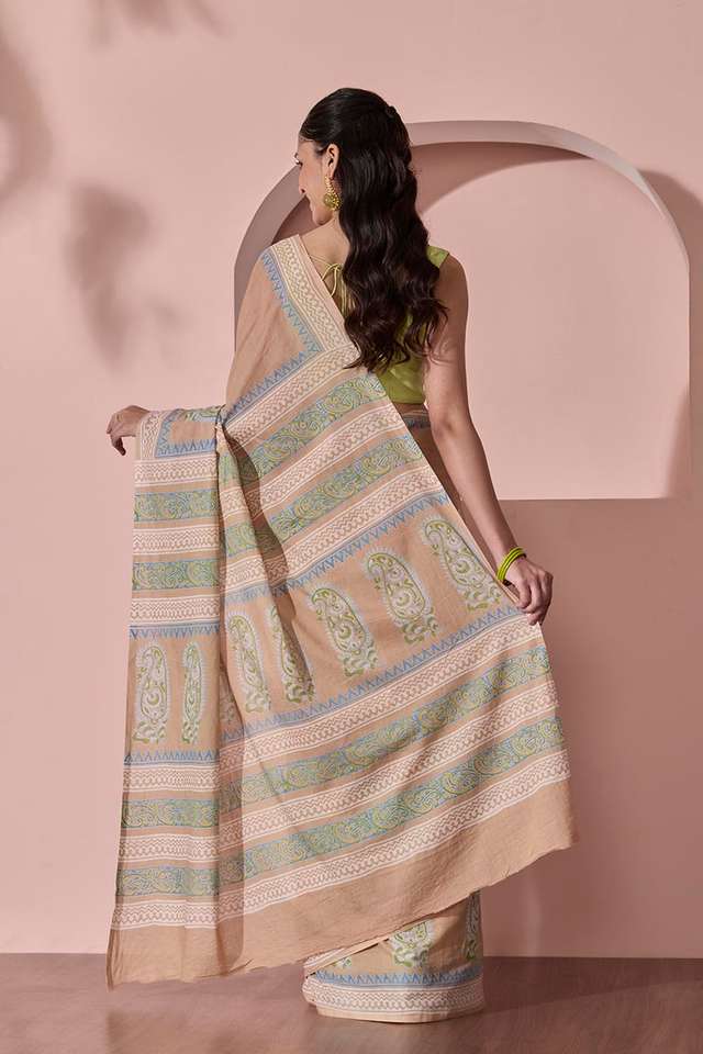 Beige Pure Cotton Block Printed Bengal Saree thumbnail image number null