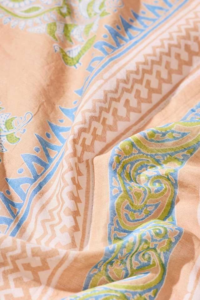 Beige Pure Cotton Block Printed Bengal Saree thumbnail image number null