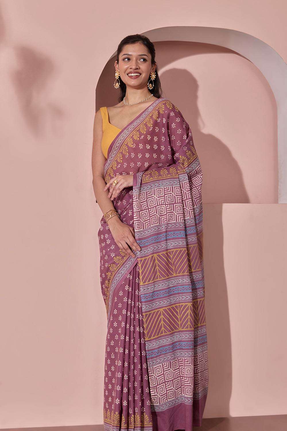 Purple Pure Cotton Block Printed Bengal Saree image number null