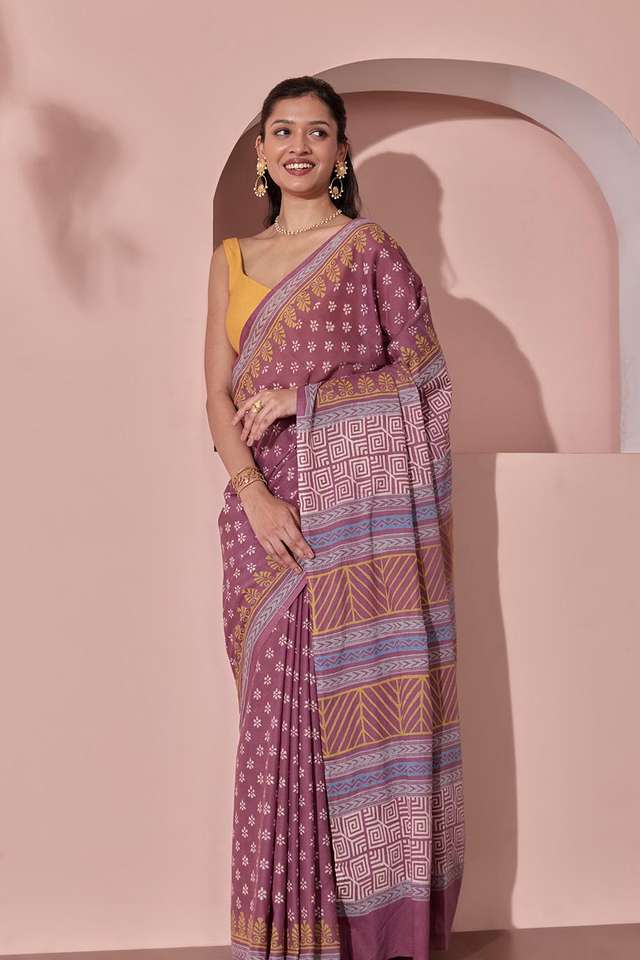 Purple Pure Cotton Block Printed Bengal Saree image number