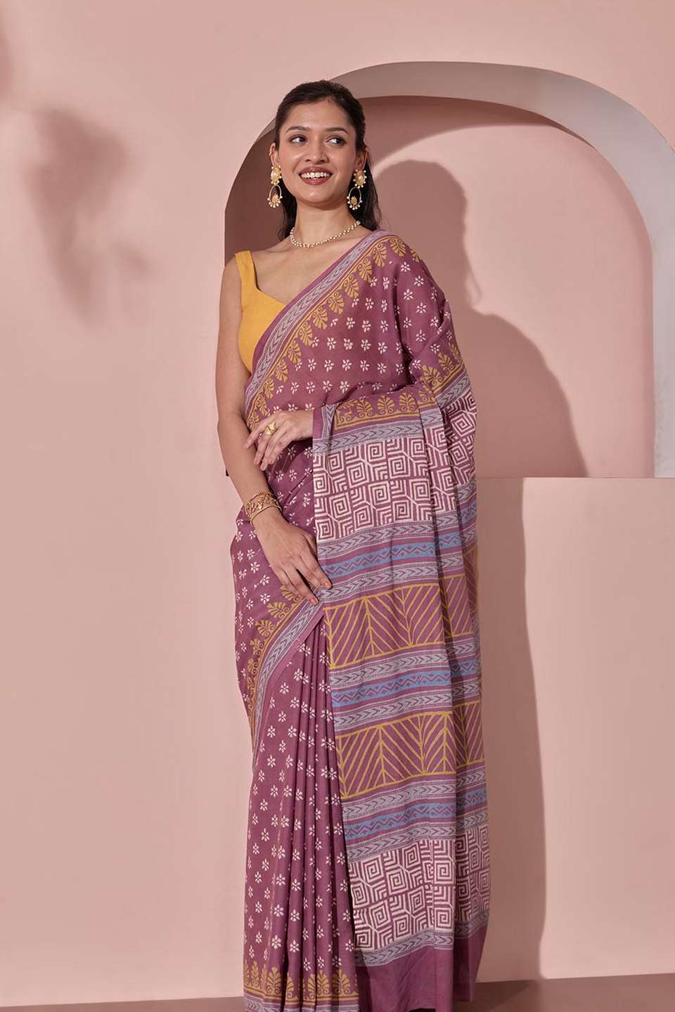 Purple Pure Cotton Block Printed Bengal Saree
