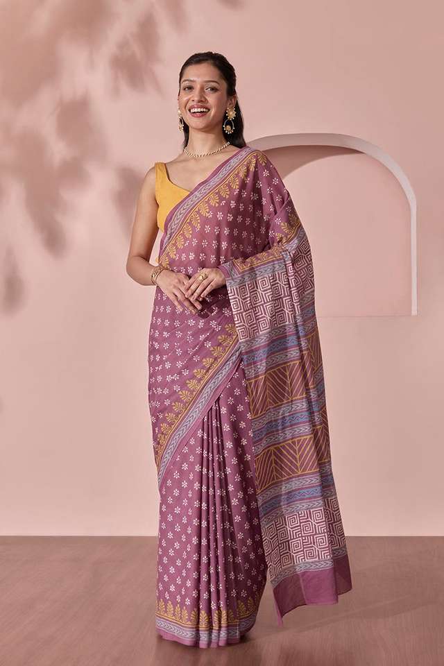 Purple Pure Cotton Block Printed Bengal Saree thumbnail image number null