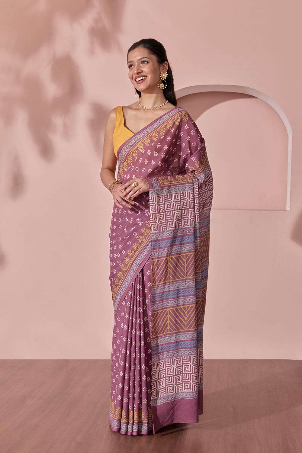 Purple Pure Cotton Block Printed Bengal Saree image number null