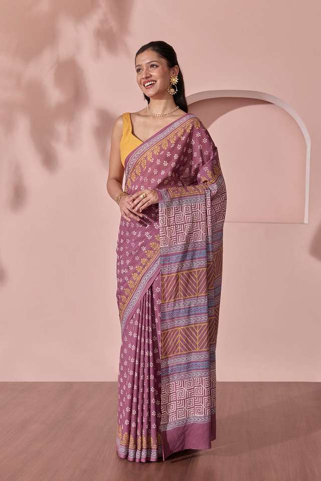 Purple Pure Cotton Block Printed Bengal Saree thumbnail image number null