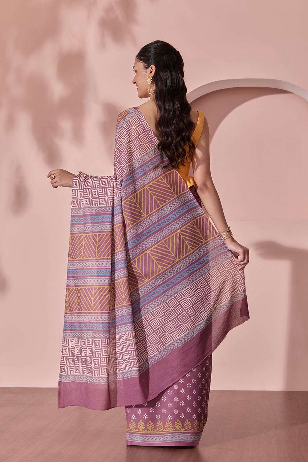 Purple Pure Cotton Block Printed Bengal Saree image number null