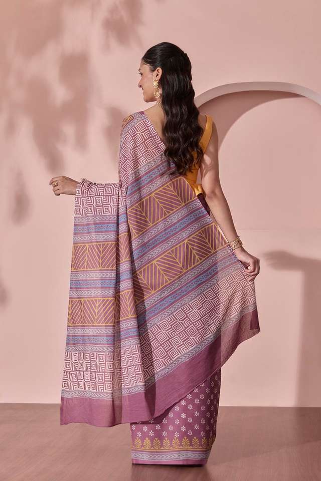 Purple Pure Cotton Block Printed Bengal Saree thumbnail image number null