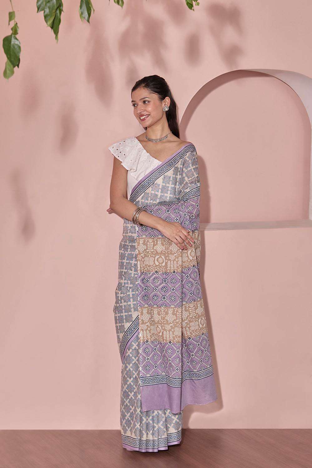 Light Blue Pure Cotton Block Printed Bengal Saree image number null