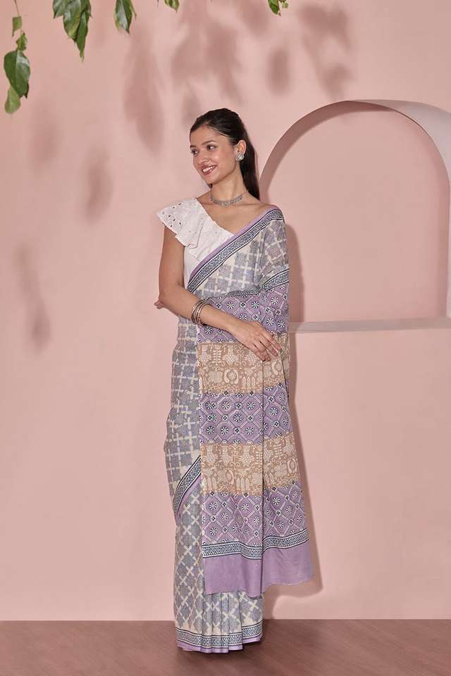 Light Blue Pure Cotton Block Printed Bengal Saree image number