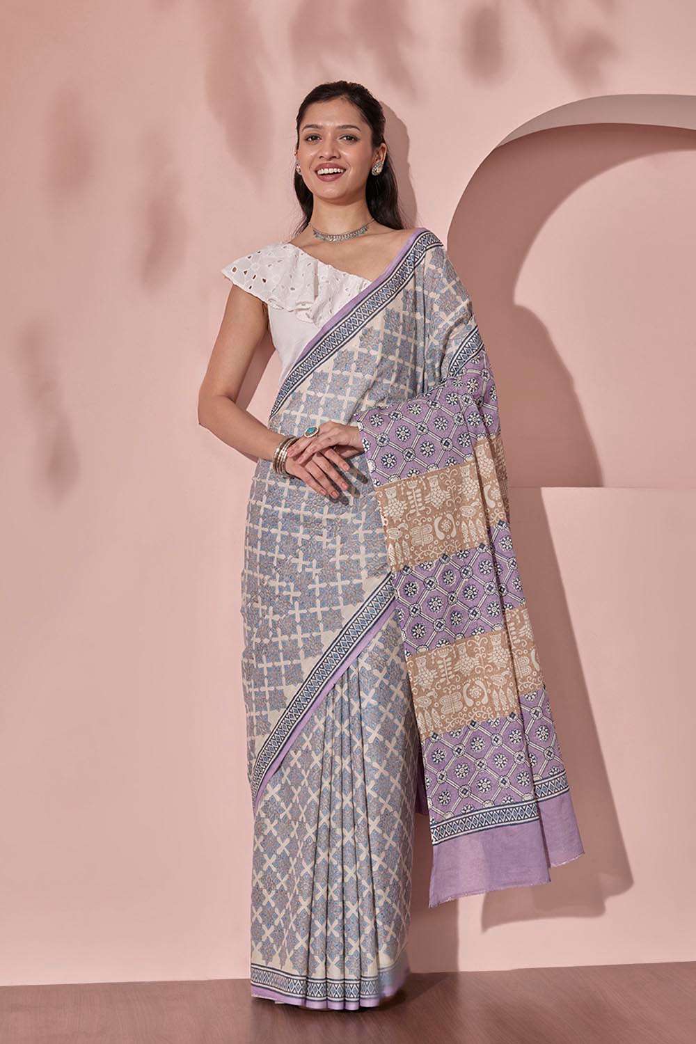 Light Blue Pure Cotton Block Printed Bengal Saree image number null