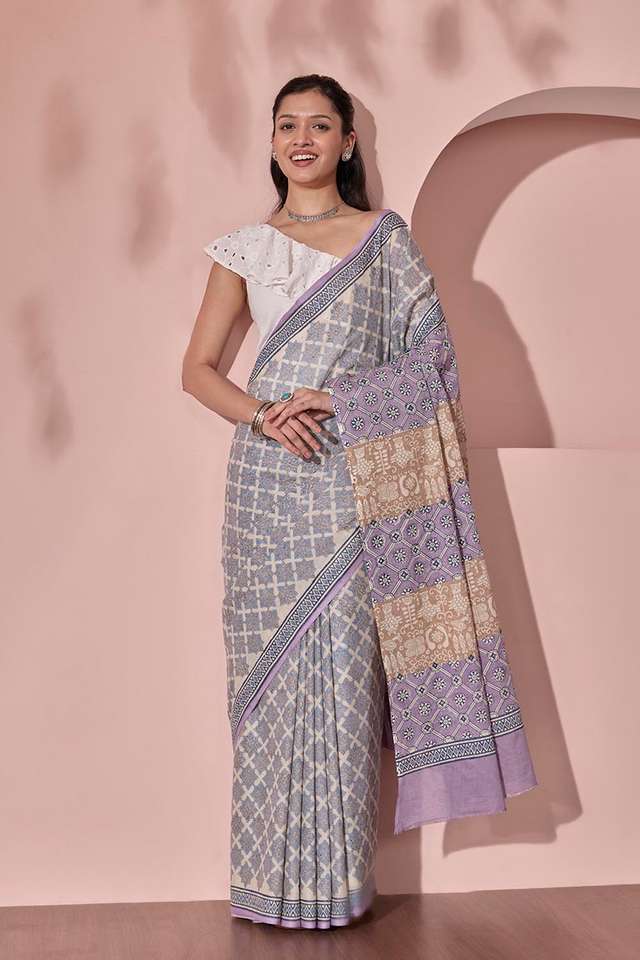 Light Blue Pure Cotton Block Printed Bengal Saree thumbnail image number null