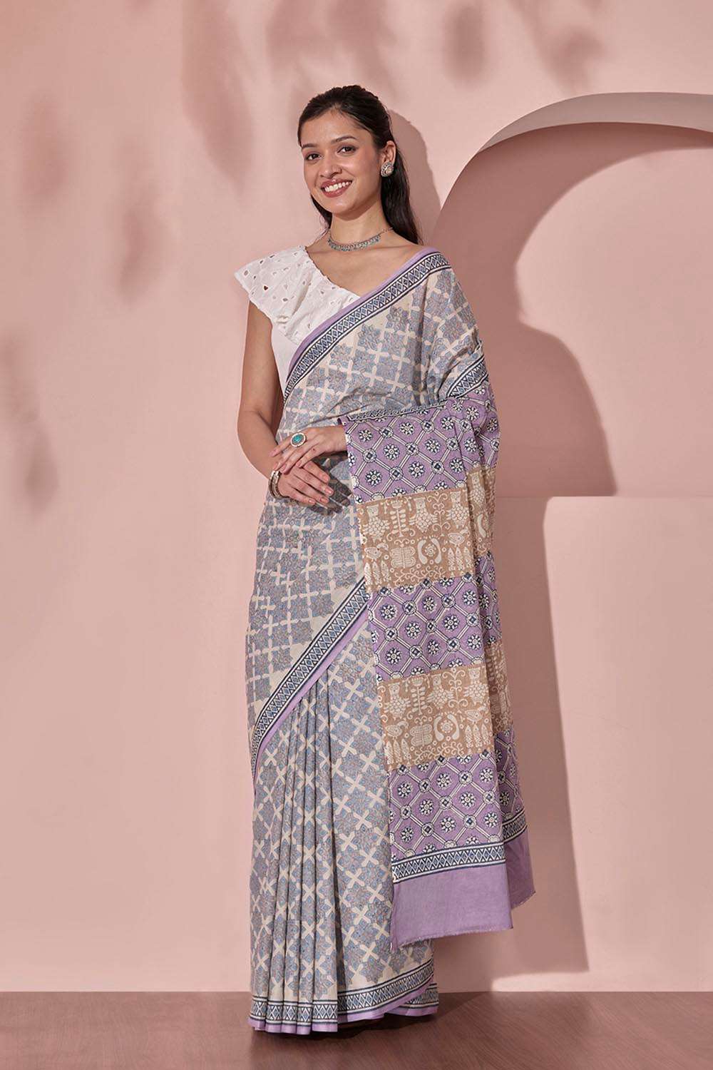 Light Blue Pure Cotton Block Printed Bengal Saree image number null